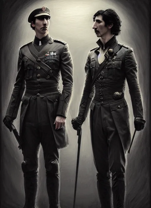 Prompt: portrait of two people, john oliver, adam driver, standing together, stoic, full body, military uniform, fantasy, intricate, elegant, beautiful, highly detailed, charcoal, centered, dark, smokey, digital painting, artstation, concept art, smooth, sharp focus, illustration, art by artgerm and greg rutkowski and alphonse mucha