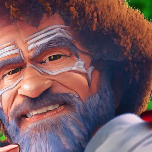 Image similar to a closeup photorealistic photograph of bob ross working on a canvas painting of spiderman. film still. brightly lit scene. mountains and trees. this 4 k hd image is trending on artstation, featured on behance, well - rendered, extra crisp, features intricate detail, epic composition and the style of unreal engine.