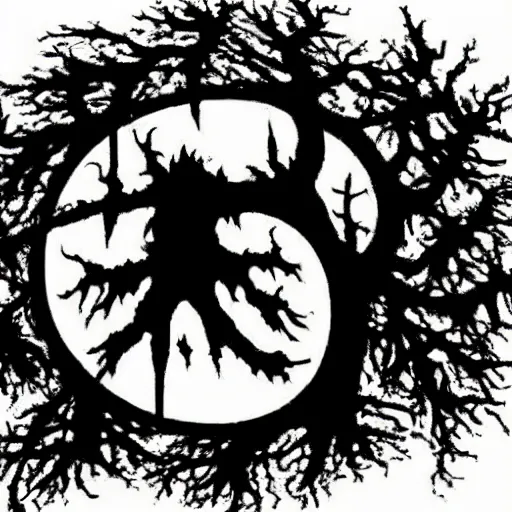 Image similar to black metal band logo, unreadable text, metal font, looks like a tree silhouette, horizontal