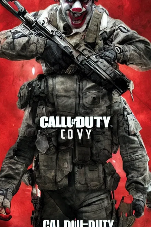 Prompt: call of duty cover art, goofy clown photo