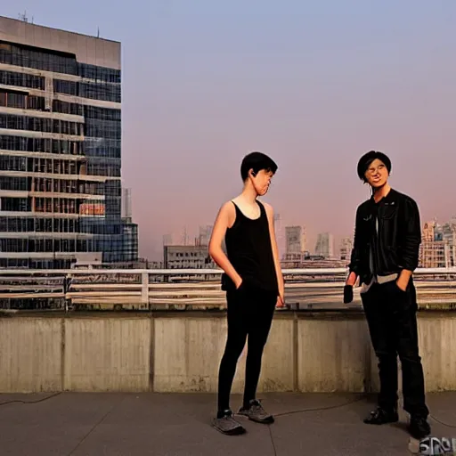 Image similar to a small rooftop with a couple of modern teenagers, standing and talking to each other, wearing black modern clothes, modern shanghai bund is on the background, sunset, by gregory crewdson