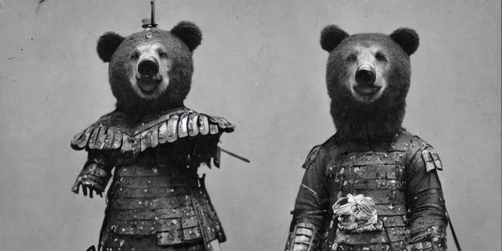 Image similar to anthropomorphic bear in samurai armor, 1900s photo