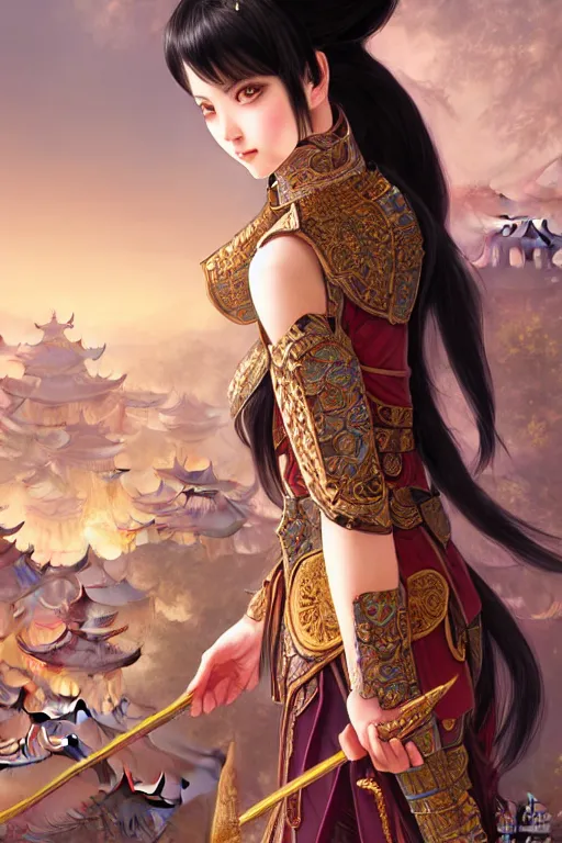 Image similar to portrait black hair young knights of Dynasty Warriors girl, rose golden color armor, in ruin chinese palace rooftop sunrise, ssci-fi and fantasy, intricate and very beautiful and elegant, highly detailed, digital painting, soft light, artstation, concept art, smooth and sharp focus, illustration, art by tian zi and WLOP and alphonse mucha