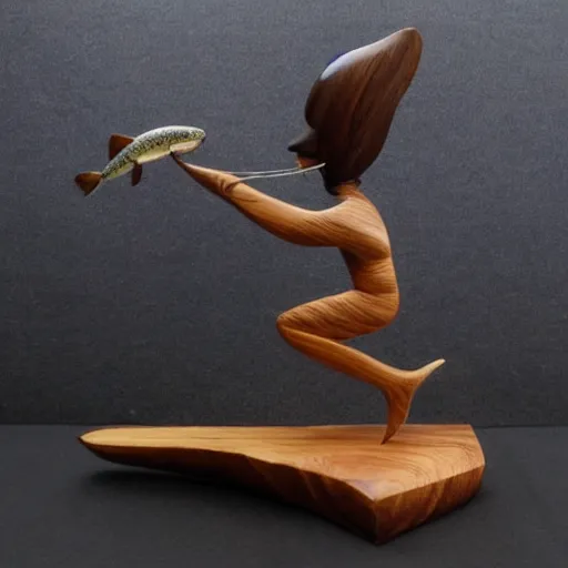 Image similar to wooden sculpture of a woman catching a salmon, polished maple, thoughtful, elegant, real