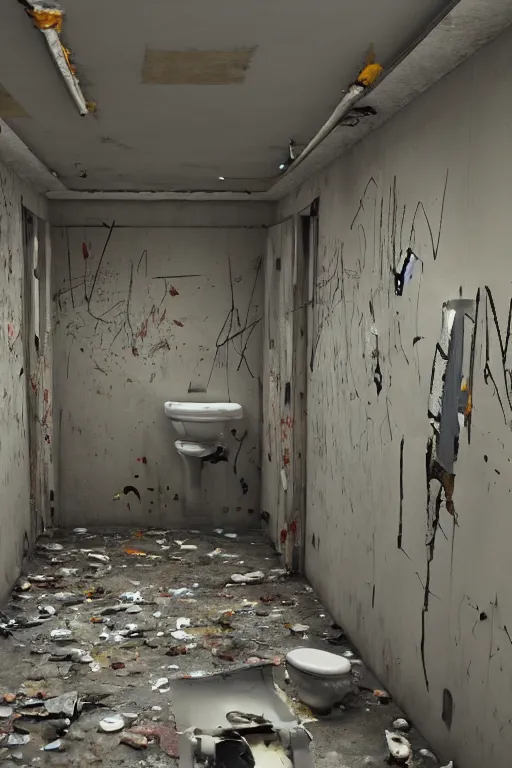 Image similar to interior of public restroom with multiple cabins, after a war battle, bullet holes, shells, graffiti on walls, broken tiles, broken lightbulbs toilets with scratches, roaches, mess, toilet paper everywhere, low camera angle, pixar disney 4 k 3 d render animation movie oscar winning trending on artststion and behance. oscar award winning.