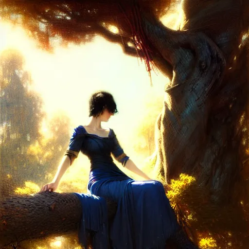 Image similar to portrait of a strong woman resting on a large tree, short black hair, thoughtful experssion, slender dark blue clothing, bare legs sharp focus, ultra realistic digital painting, colorful, cinematic lighting, high fantasy, intricate, highly detailed, smooth, elegant, gaston bussiere, bayard wu, greg rutkowski