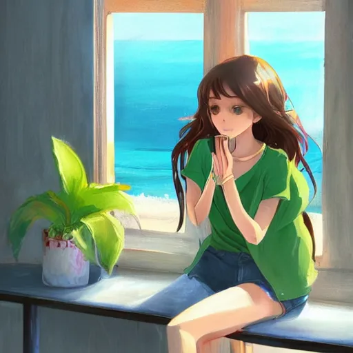 Image similar to a thin, pretty young Filipino woman with long hair sits near the window of a cute seaside Cafe drinking an espresso, golden dramatic morning light, cozy, tropical plants, beautiful anime style art, trending on artstation