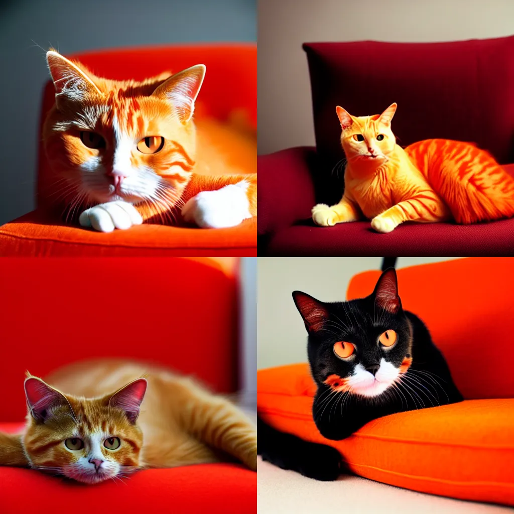 Prompt: A photo of an orange cat laying on a red sofa