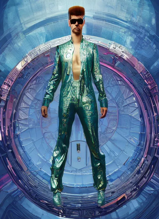 Image similar to ali g posing trumphantly in a futuristic jumpsuit, sacha baron cohen, the expanse, sci fi, futuristic, detailed illustration, digital art, trending on artstation, soft ambient lighting, volumetric lighting, rim lighting, yoshitaka amano, alphonse mucha, arney freytag, maxfield parrish, new art nouveau