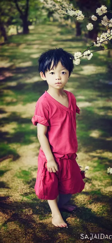 Prompt: “ a portrait of luffy as little kid at a sakura tree, side shot, by shunji dodo, 8 k resolution, photo, high quality ”