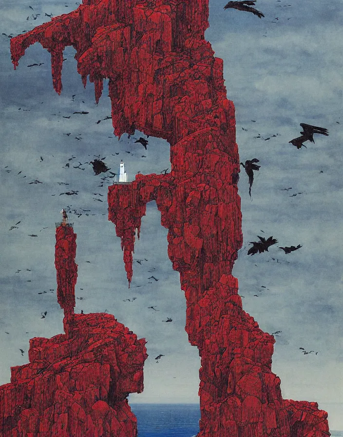 Image similar to worshippers in red robes belonging to the cult of the lighthouse climbing up the rocky cliff where the lighthouse stands, lighthouse, ravens, high detailed beksinski painting, part by adrian ghenie and gerhard richter. art by takato yamamoto. masterpiece, deep colours, blue