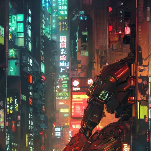 Image similar to a japanese cyberpunk robot, finely detailed features, cyborg robot parts with glowing lights!, dramatic cinematic, night, at cyberpunk city, ghost in the shell, akira, noir, painted by greg rutkowski makoto shinkai takashi takeuchi craig mullins, alphonse mucha, studio ghibli, pixiv