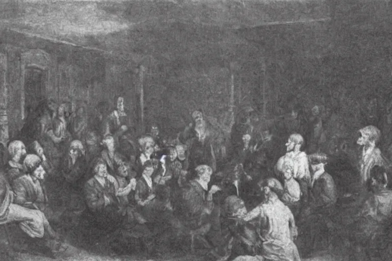 Image similar to photograph of a room of people staring at a live demon