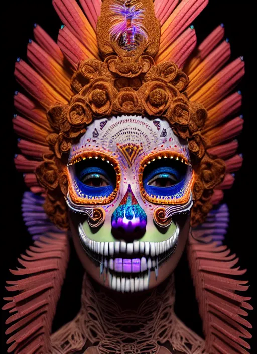 Prompt: 3 d mexican goddess profile portrait. beautiful intricate highly detailed day of the dead mask and feathers. low - key lighting, bioluminescent, plasma, lava, ice, water, wind, creature, tlahuelpuchi, artwork by tooth wu and wlop and beeple and greg rutkowski, 8 k trending on artstation,