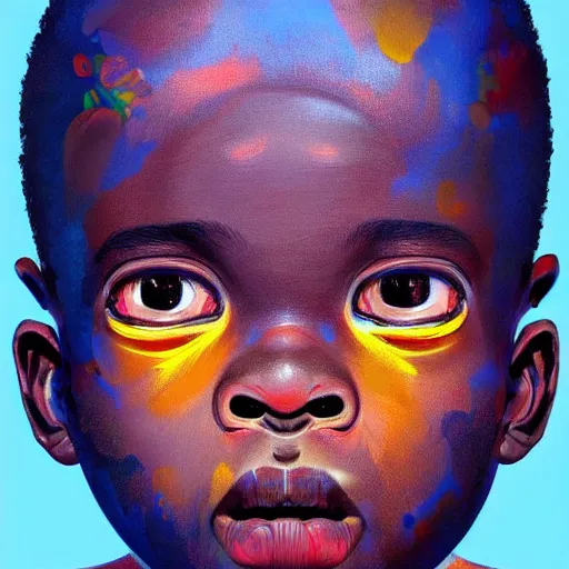 Prompt: colourful upper half portrait of an african boy, art by takashi murakami, highly detailed, digital painting, ray tracing, concept art, illustration, smooth sharp focus, intricate, symmetry, artstation,