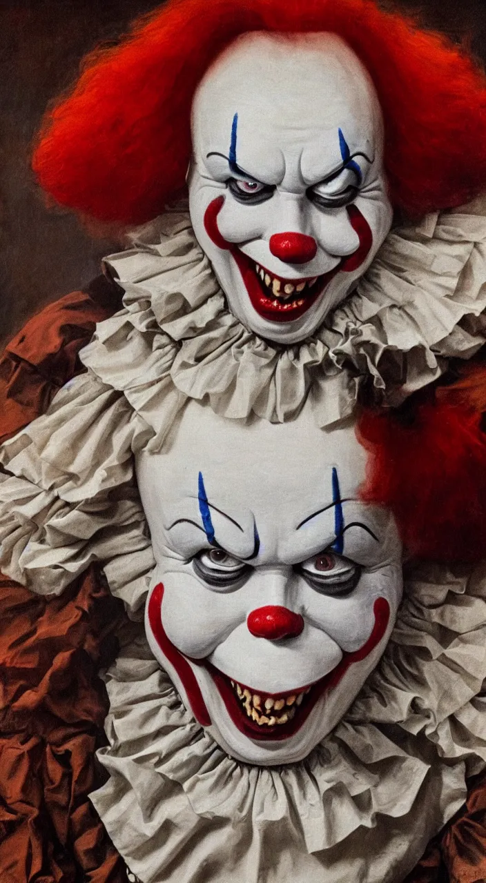 Prompt: fat elon musk as pennywise the clown, rembrandt oil painting