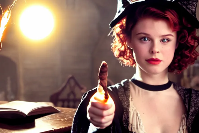 Image similar to close up portrait, dramatic lighting, teen witch calmly pointing a magic wand casting a spell over a large open book on a table with, short hair, cat on the table in front of her, sage smoke, a witch hat cloak, apothecary shelves in the background, still from harry potter and peter pan