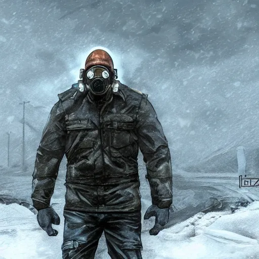 Prompt: dwayne johnson wearing arctic clothing and a gas mask, riot gear, in snow storm, apocalyptic, artstation
