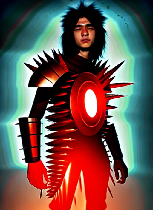 Image similar to a striking cinematic full body manga portrait of a long black haired teenager wearing imposing red jagged spiked plate armour and glowing with red energy by hirohiko araki and beeple, fine details, digital art, character concept art, volumetric lighting, cinematic light, photorealistic