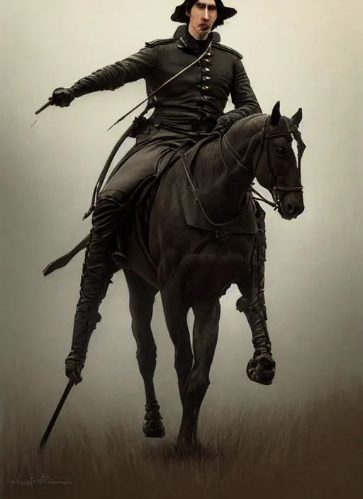 Image similar to painting of adam driver and john oliver, riding horse, stoic, full body, military uniform, fantasy, intricate, elegant, beautiful, highly detailed, charcoal, centered, dark, smokey, digital painting, artstation, concept art, smooth, sharp focus, illustration, art by artgerm and greg rutkowski and alphonse mucha