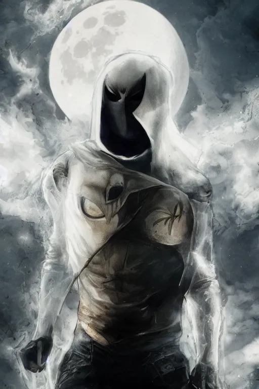Prompt: characters portrait of Moon Knight mixed with Ghostrider by Alyssa Monks, full-shot, merged character, Full body shot, cinematic opening shot, 4k, highly detailed, cinematic lighting