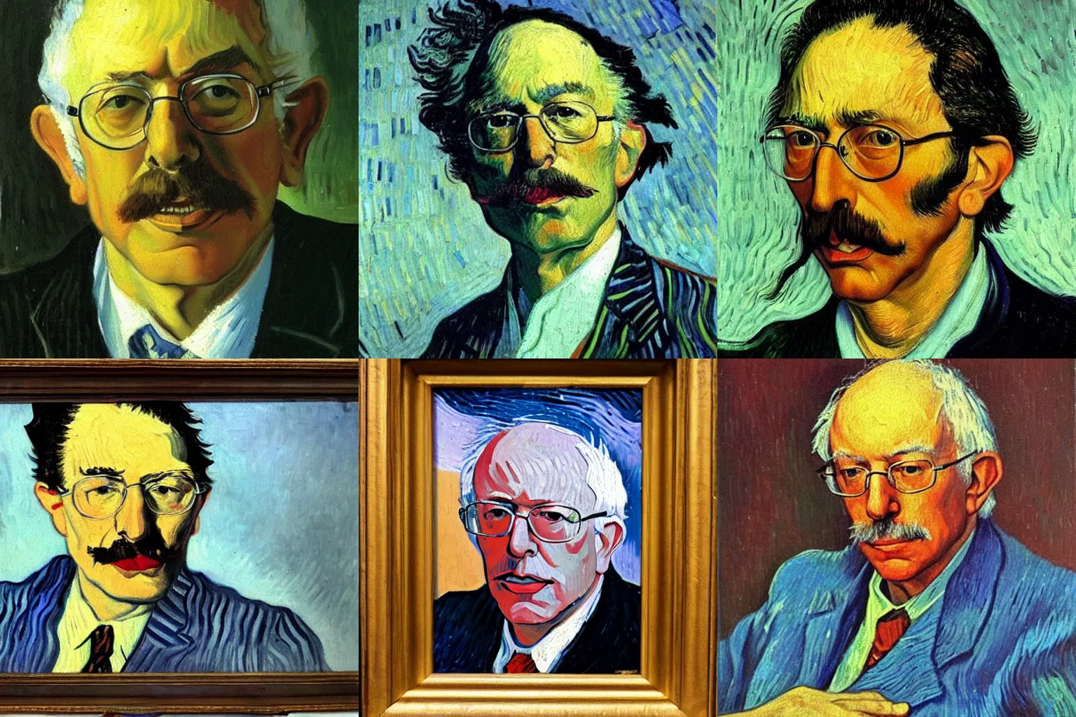 Prompt: oil painting of a portrait of Bernie Sanders by Salvador Dalí and Vincent Van Gogh