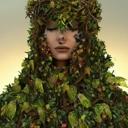 Prompt: mother nature made of vines and leaves and a crown made of flowers towering over a tropical island, Dramatic Lighting, Trending on Artstation HQ, 4K, UHD.