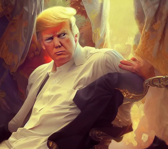 Image similar to photography of sensual donald trump, deep focus, intricate, elegant, highly detailed, digital painting, artstation, concept art, matte, sharp focus, illustration, art by artgerm and greg rutkowski and alphonse mucha and gil elvgren