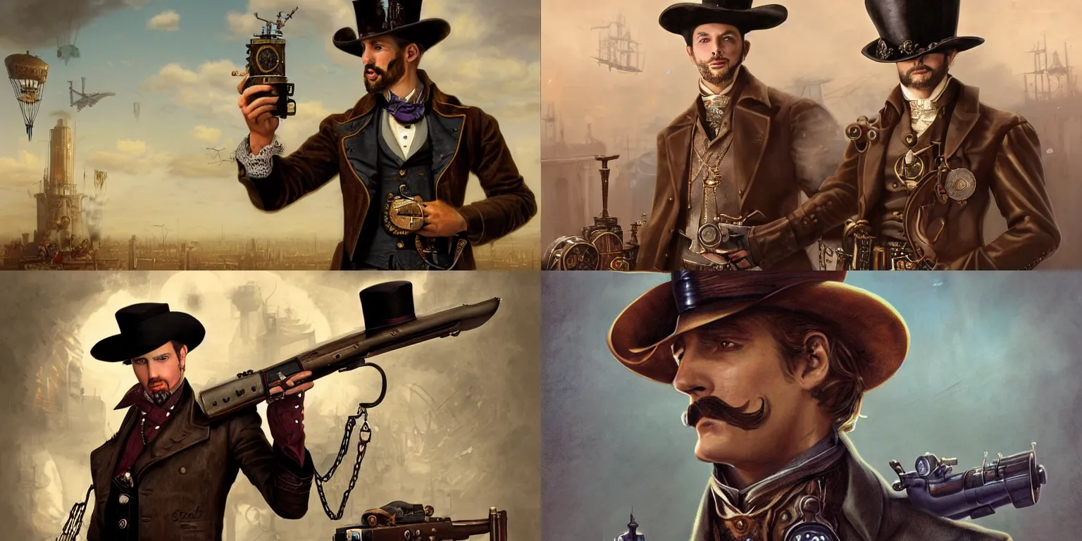 Prompt: portrait of a single steampunk gentleman gunslinger in hat posing with pistols, matte painting of steam machines airships on background, by Antonio Caparo and tyler edlin and lindsey look, victorian, concept art, steam romance, steam-punk illustration, detailed, 4k resolution, trending on artstation