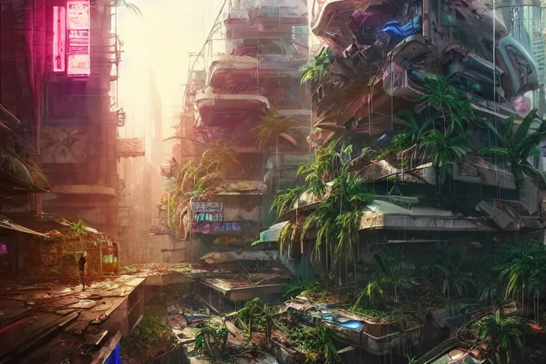 Image similar to a cyberpunk city in ruins, jungle plants overgrowing the streets and buildings, cats run through the ruins, drinking from pools of water and climbing on old fallen signs, by artgerm and amano and rutkowski and kincaid, trending on artstation