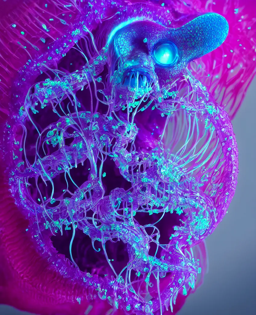 Image similar to close-up portrait. dichroic orchid jellyfish skull, betta fish, bioluminiscent creatures, intricate artwork by Tooth Wu and wlop and beeple. octane render, trending on artstation, greg rutkowski very coherent symmetrical artwork. cinematic, hyper realism, high detail, octane render, 8k