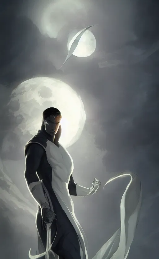 Prompt: Moon Knight, highly detailed, digital painting, artstation, facing camera, concept art, smooth, sharp focus, illustration, art by artgerm and greg rutkowski, high definition digital art, dramatic lighting, in the style of ilya kuvshinov and Ross tran