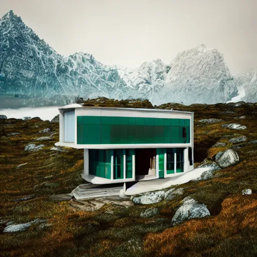 Image similar to wes anderson style modern futuristic house near the lake, snowy mountains and green forest, cinematic, realism, photo, detailed