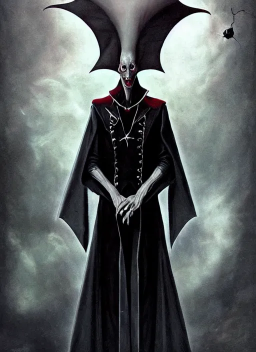 Prompt: a portrait of an extremely gaunt nosferatu esque vampire in a futuristic uniform, art by manuel sanjulian and tom bagshaw