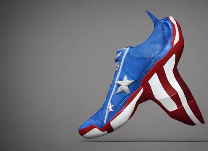 Image similar to basketball sneakers concept of captain america, picture by tim burton, render, cinema 4 d, octane render