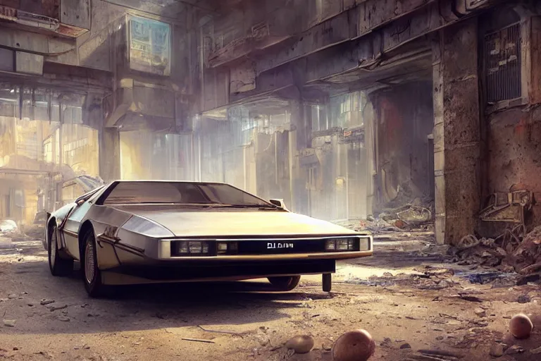 Image similar to highly detailed photorealistic rendering of a delorean parked on the streets of a cyberpunk abandoned city with the door open, futuristic post - apocalyptic vibe, by greg rutkowski and stanley artgerm and alphonse mucha, octane, sharp focus, hyperrealistic, unreal engine 5, vray, masterpiece