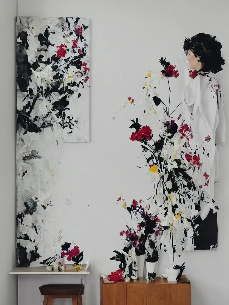 Prompt: “art in an Australian artist’s apartment, painting of a woman wearing white cotton cloth, organic, fresh berries, white wax, edible flowers, Japanese pottery, ikebana, black walls, acrylic and spray paint and oilstick on canvas”