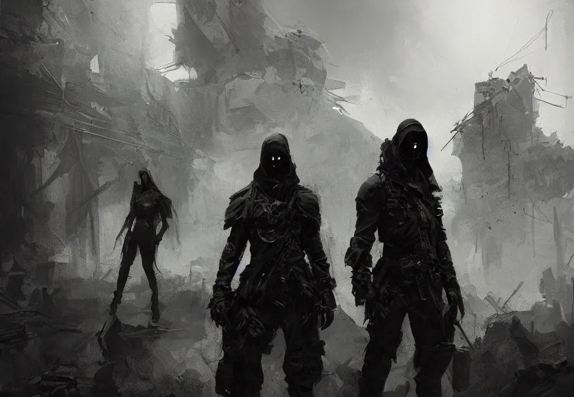 Prompt: painting of the dark figures of three people in a post apocalyptic scenery, high contrast, concept art, dramatic lighting, digital art, 8 k, extremely detailed, drawn by ruan jia