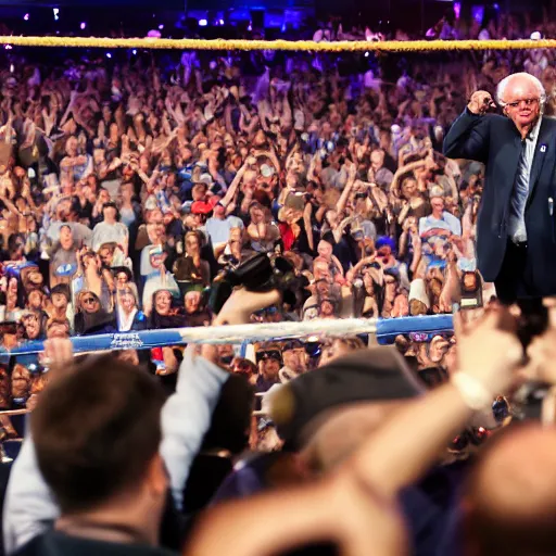 Prompt: Bernie Sanders wins Wrestlemania, award winning photography, 35mm lens, flashbulbs, in focus face