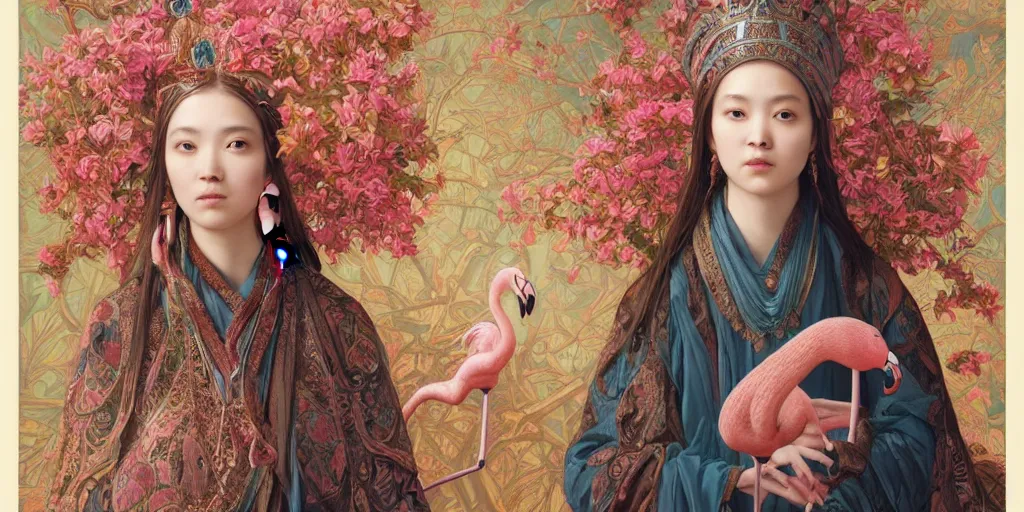 Image similar to breathtaking detailed concept art painting of the goddess of flamingo, orthodox saint, with anxious, piercing eyes, ornate background, amalgamation of leaves and flowers, by Hsiao-Ron Cheng and John James Audubon, extremely moody lighting, 8K