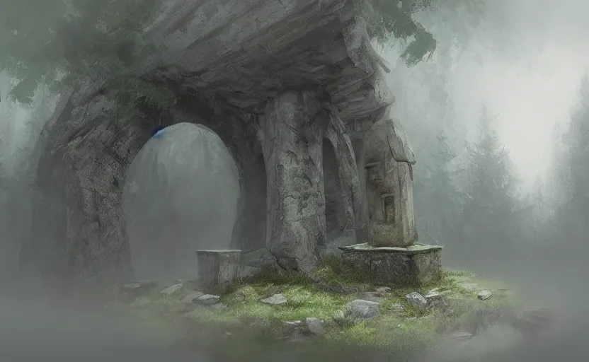 Image similar to old stone tomb, fir forest, rain, fog, megaliths, highly detailed, digital painting, architecture, artstation, concept art, sharp focus, illustration