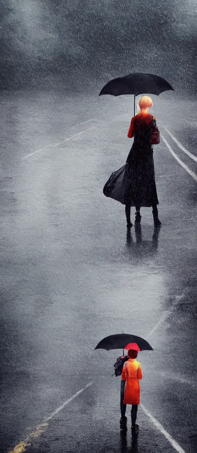 Prompt: lonely girl with umbrella on the wet road, rain, thunder, fog, anime screenshot