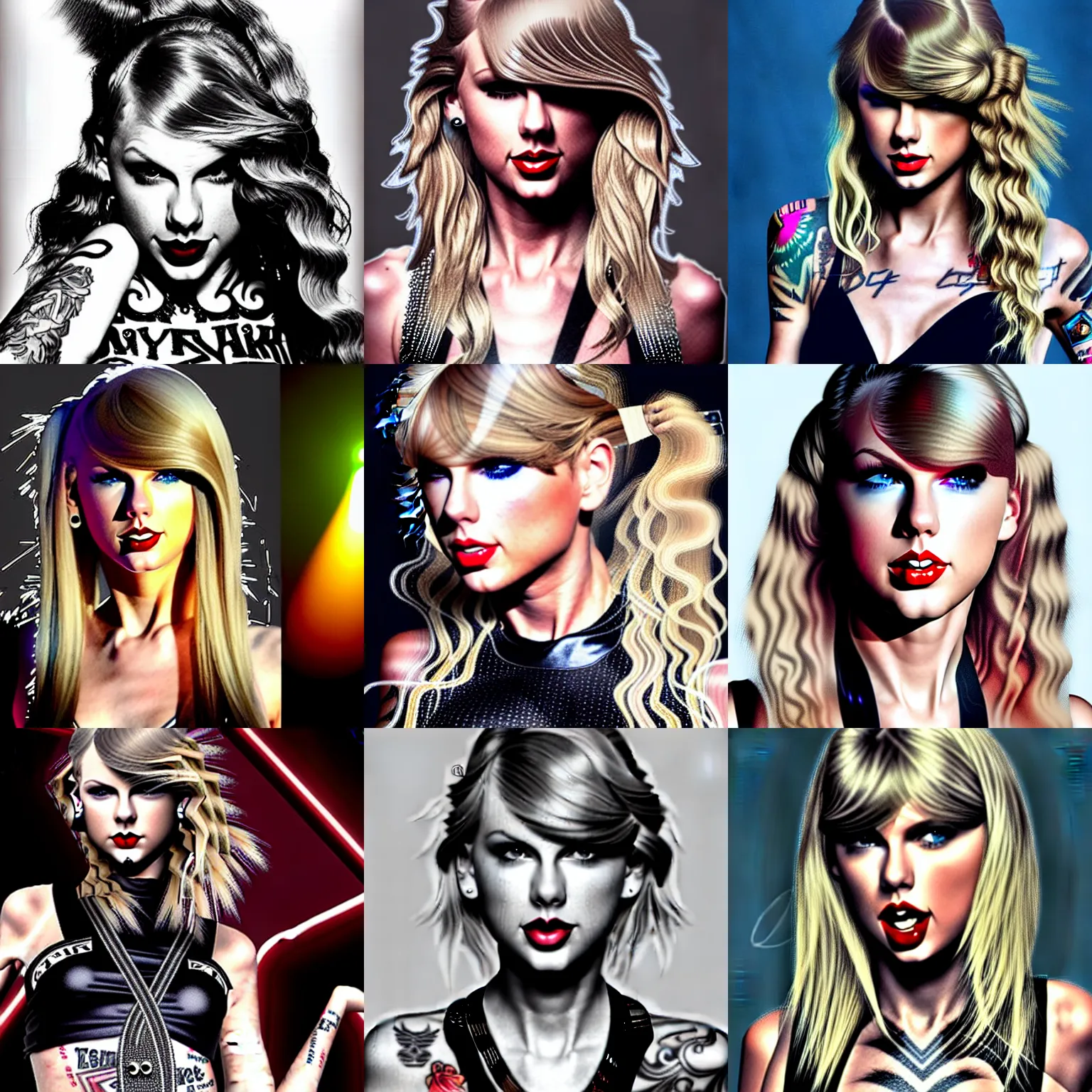 Prompt: digital art of taylor swift with a mohawk hairstyle and lots of tattoos performing in a metal band