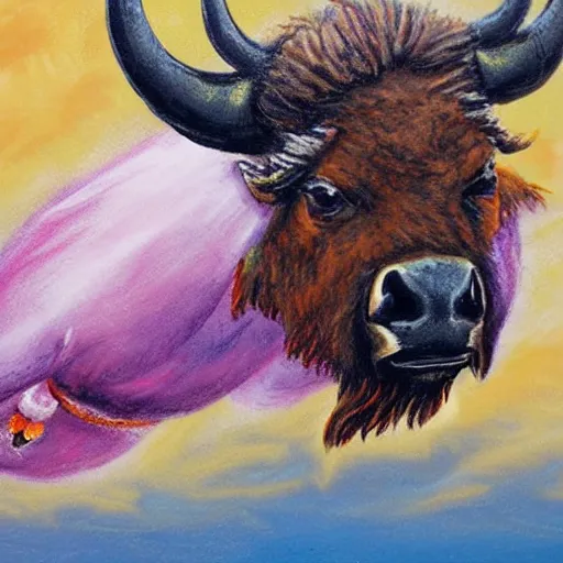 Prompt: skydiving bison wearing a tutu photorealistic