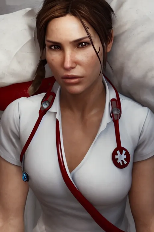 Prompt: lara croft, wearing a nurse outfit, resting on a hospital bed, real photo, hospital interior, intricate, soft lighting, cinematic composition, hyper realistic, 8k resolution, unreal engine 5