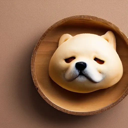 Image similar to a delicious steamed bun in the shape of a shiba inu. studio lighting, high resolution, high quality, dark background