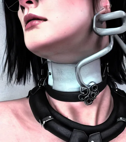 Image similar to detailed realistic female character cyberpunk wearing thick steel collar around neck, realistic, art, beautiful, 4K, collar, choker, collar around neck, punk, artstation, detailed, female, woman, choker, cyberpunk, neon, punk, collar, choker, collar around neck, thick collar, tight around neck, punk, neon,