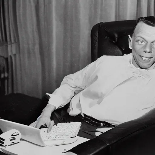 Prompt: frank sinatra sitting in a gaming chair playing computer games with graphic tablet and computer keyboard