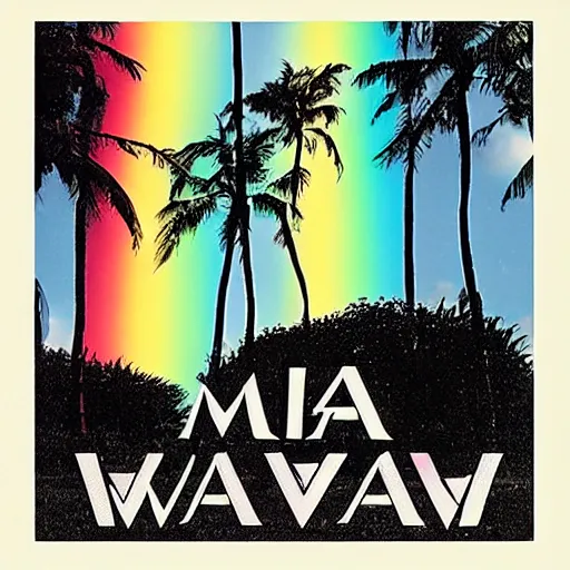 Image similar to miracle musical Hawaii part ii album cover, showing an ocean in the background, spiral transparent stairs on the left with tall palm trees behind it, a slight rainbow in the background, white outline border, moon in the right top area black and white except for the rainbow album cover rainbow text in the center reading Hawaii part ii, 80s Japanese