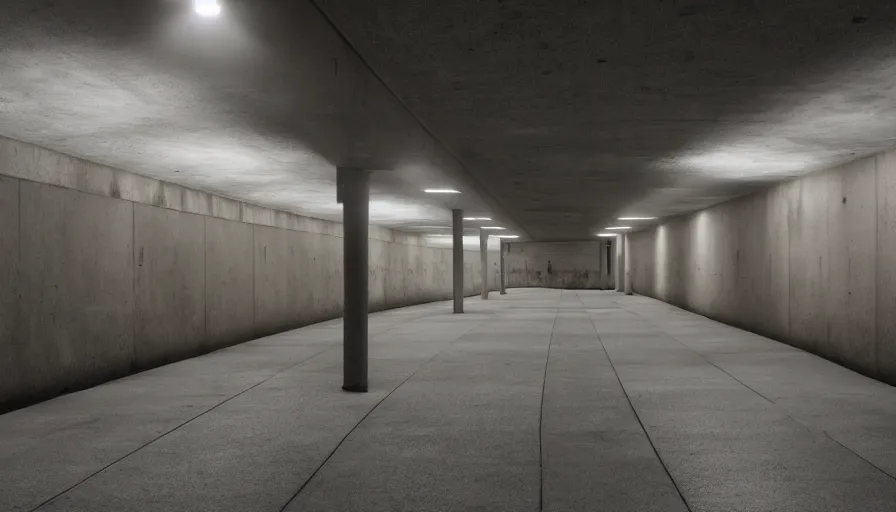 Prompt: brutalism, underground city carpark, lighting with lensflares, photorealistic 8 k